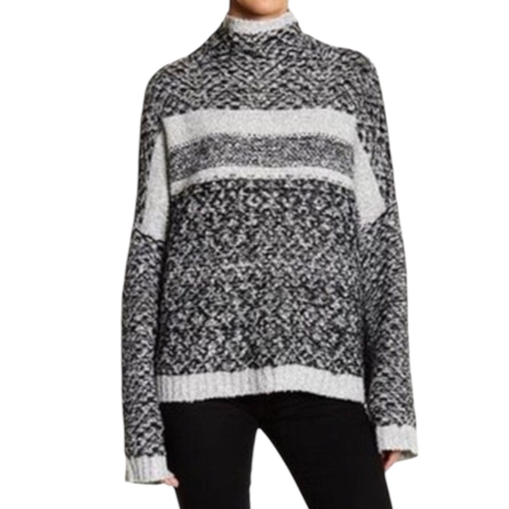 Stripped silver ash charcoal box crochet knit mock turtleneck oversized pullover
